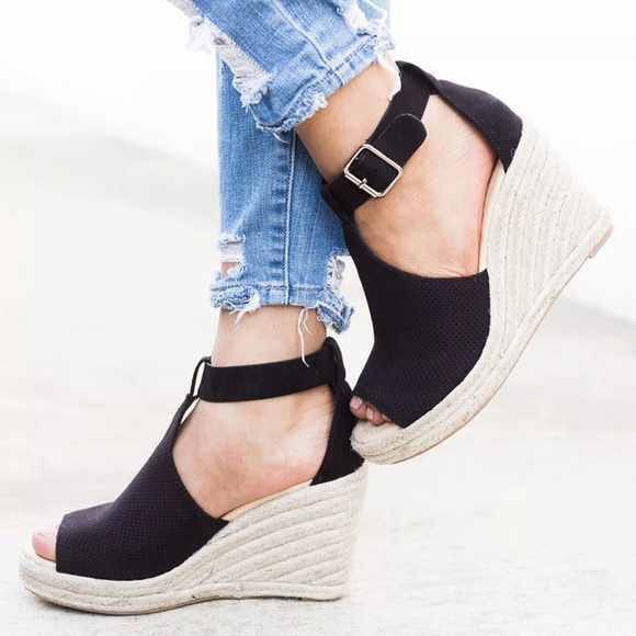 Shoes - Black Woven Espadrille Platform Wedge Sandals